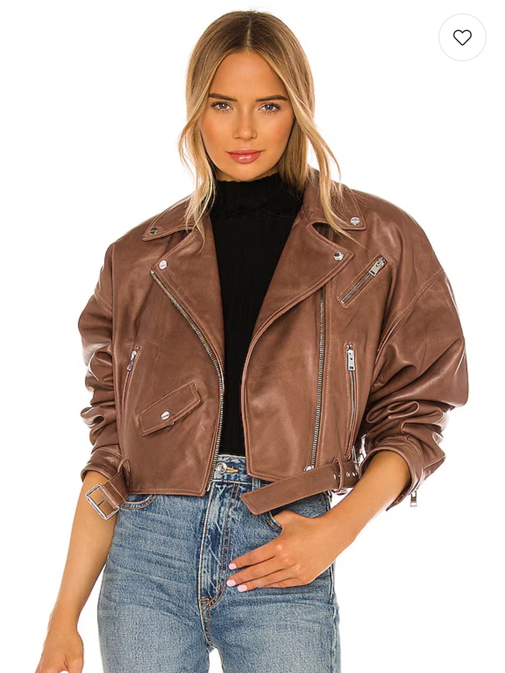 Lamarque Brown Cropped Leather Moto Jacket